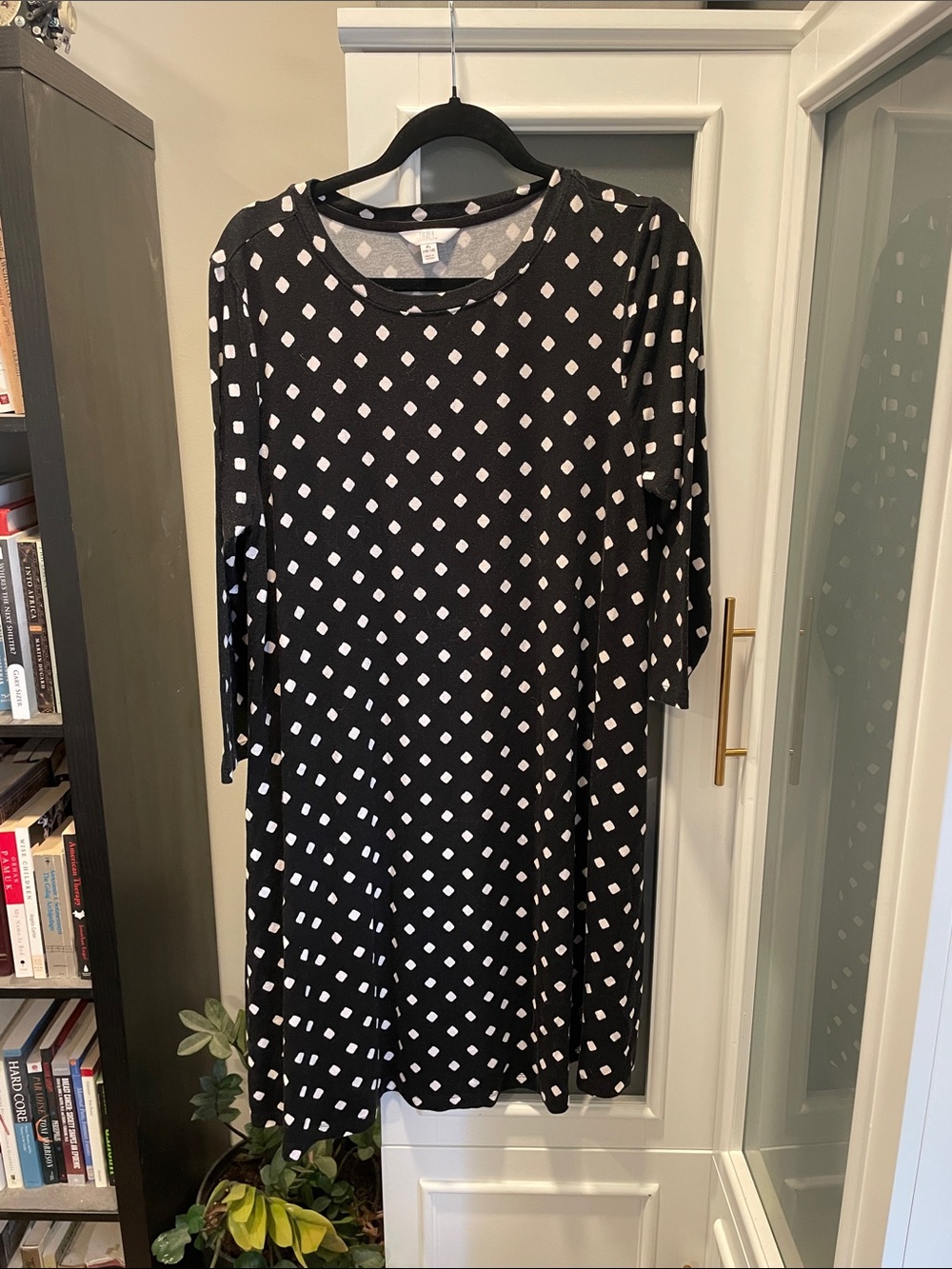 Time and Tru Black Dress with White Diamond Print — Long Sleeve